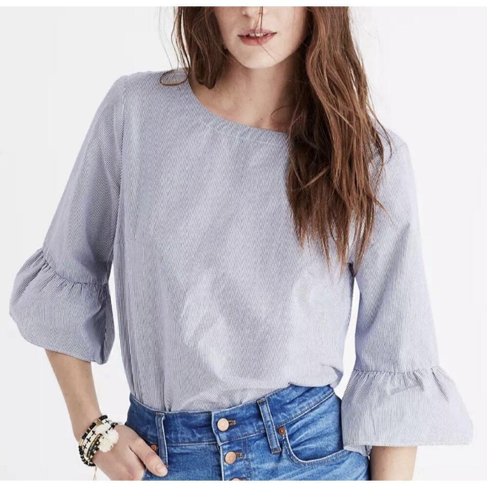 Madewell Cotton Bell Sleeved Blouse Top Shirt Size Small Striped G1368 Womens